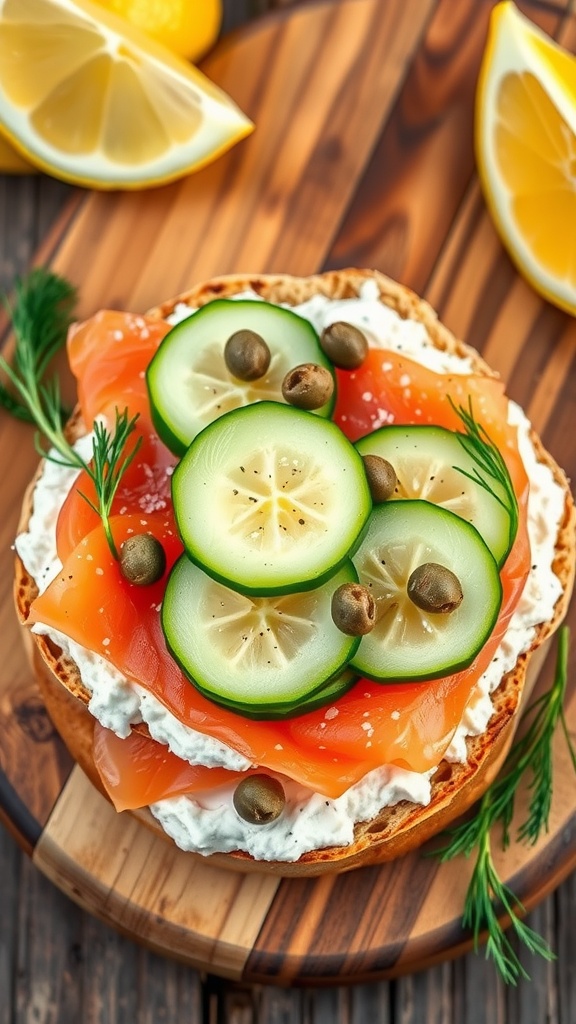 A smoked salmon bagel sandwich with cream cheese, cucumber, capers, and dill on a wooden board.